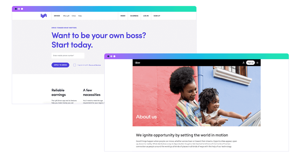Lyft and Uber landing pages
