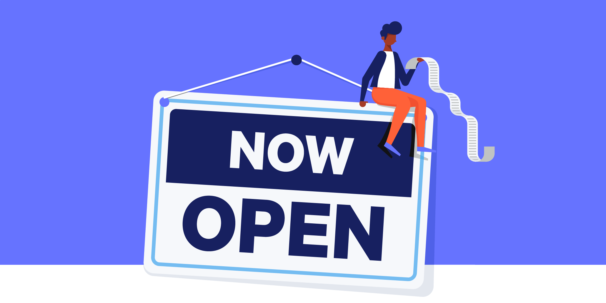 Person sitting on an over-sized sign that reads "Now Open"