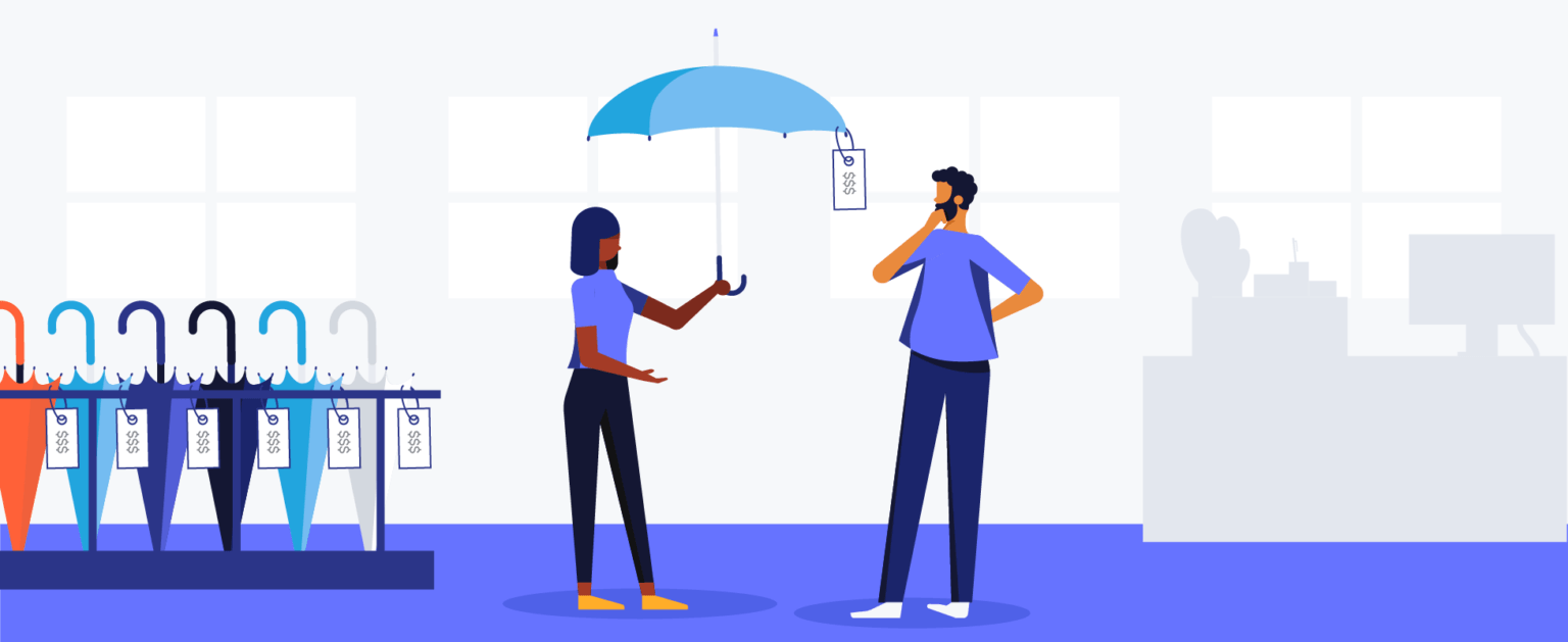 Woman holding out umbrella towards customer in umbrella store as an example of epli insurance cost