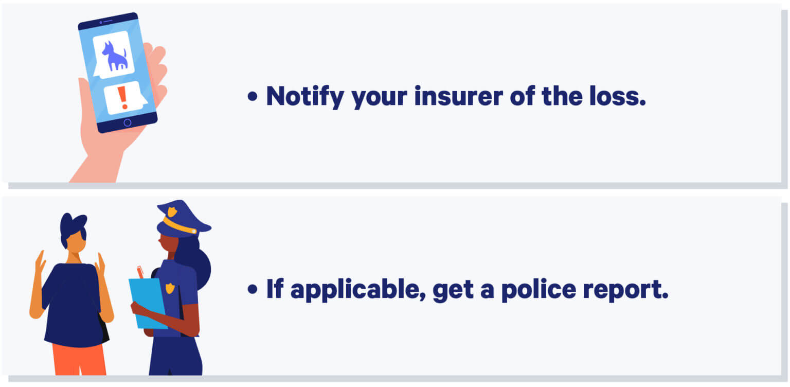 Infographic displaying how to make initial contacts and reports if property damage occurs