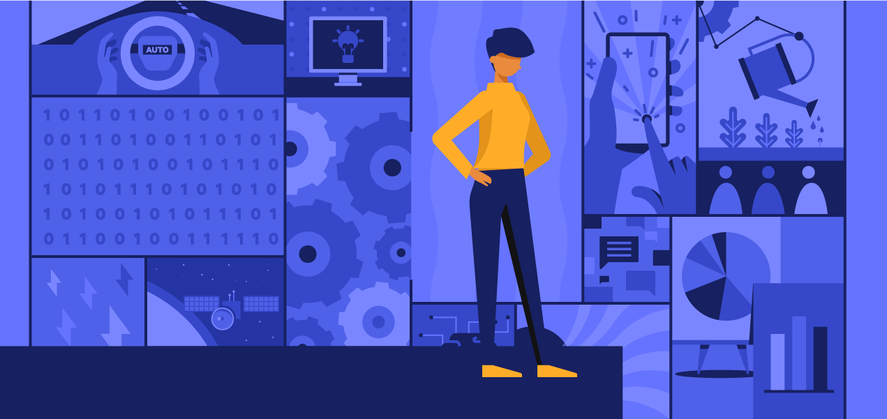A person stands next to gears, tools, and computers