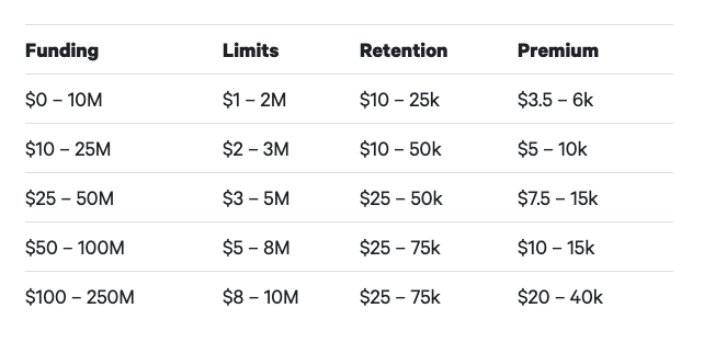 Table with limits, retention, and premium when purchasing D&O