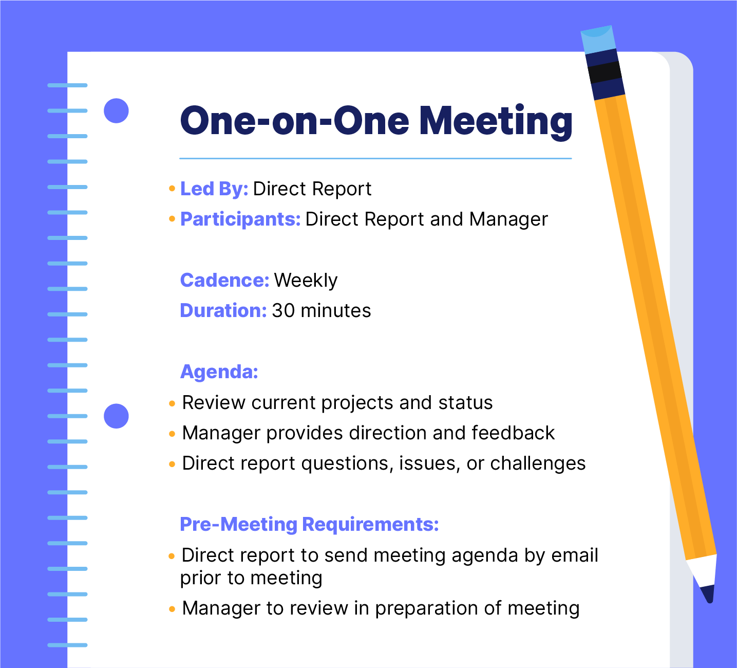 Notepad outlining one-on-one startup meetings requirements
