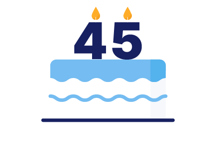 A cake with candles that say 45.