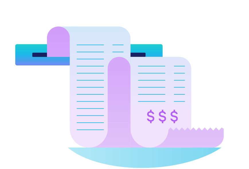 A long receipt showing business expenses. Illustration.