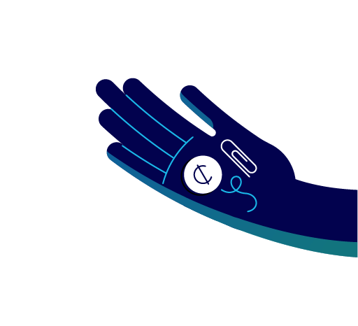 A hand holding a paperclip, string, and a penny. Illustration