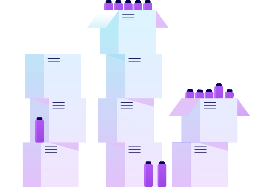 Towers of boxes full of unused products. Illustration