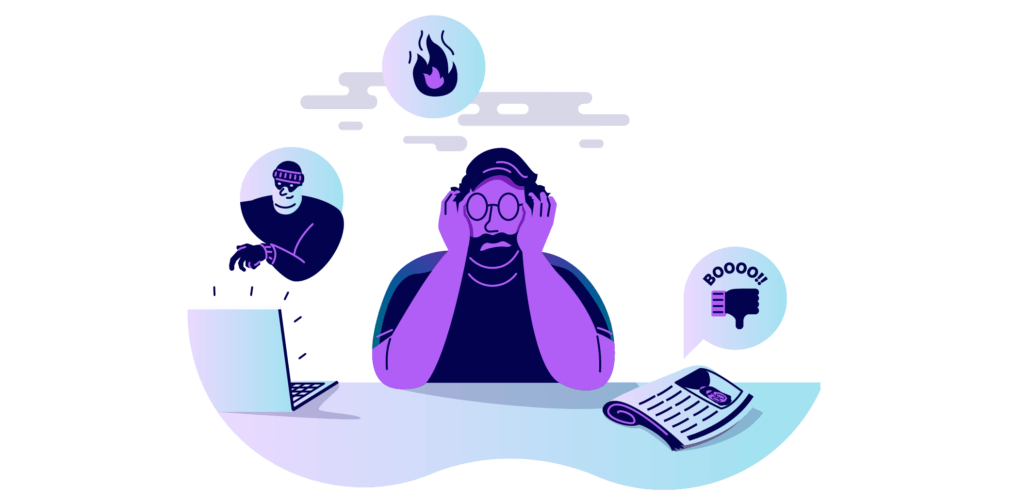 Man with head in hands worries about all the types of business disaster that can occur if he does not have a proper business emergency plan in place
