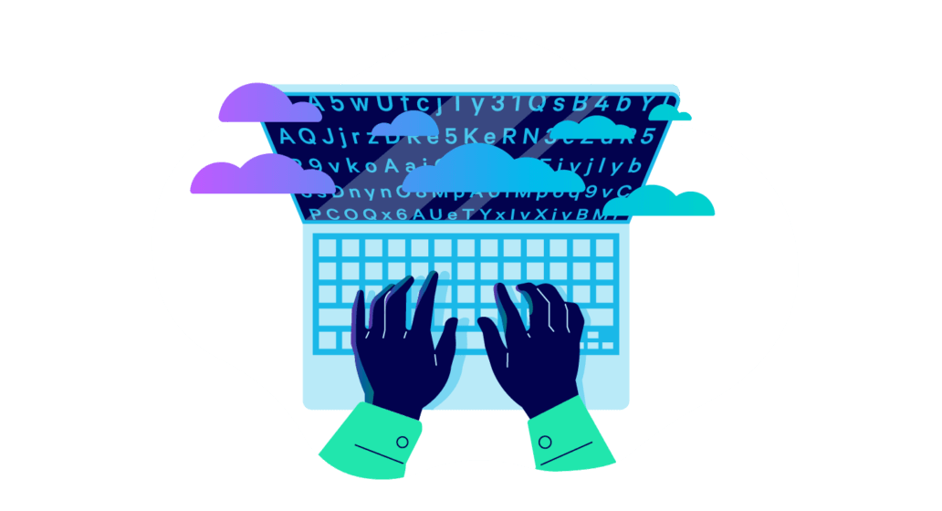 Hands typing on laptop with clouds protecting monitor as an example of obfuscate source code