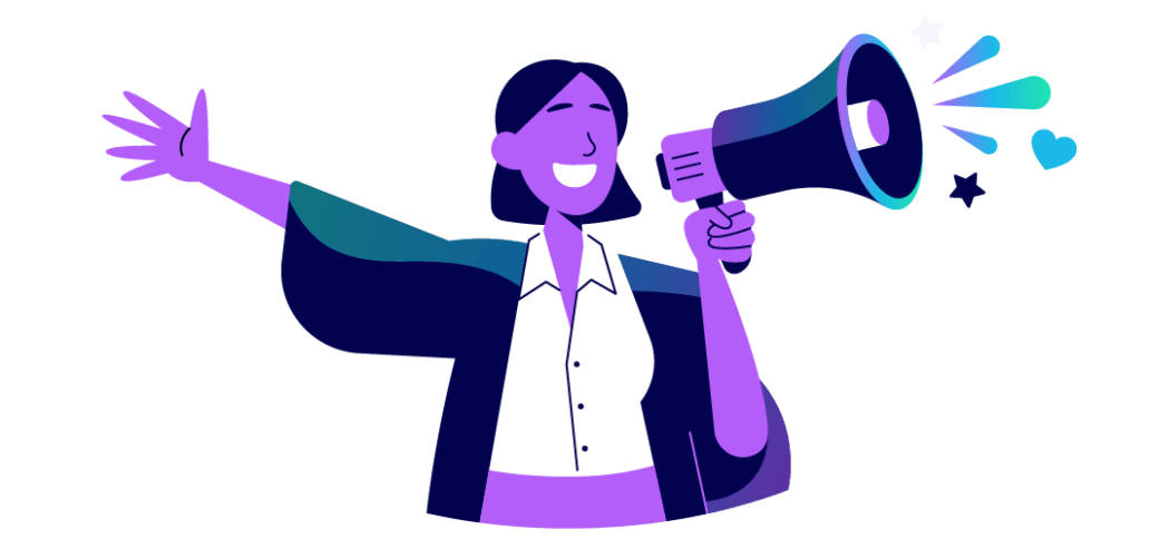 A woman shouting into a megaphone announcing the free mission statement generator