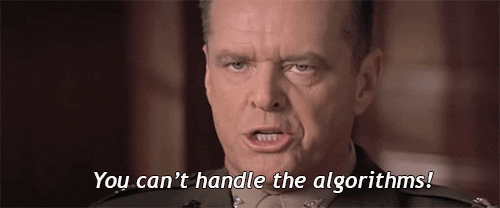 Jack Nicholson in "A Few Good Men" saying "you can't handle the truth," with the caption changed, for Embroker's February 2024 newsletter, to "you can't handle the algorithms."