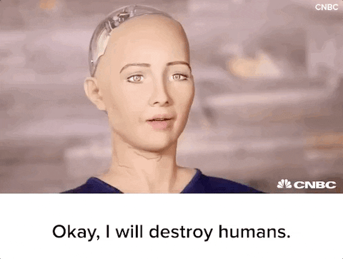 An AI-powered robot with the caption "okay, I will destroy all humans." Fairly concerning for Embroker's February 2024 Newsletter.